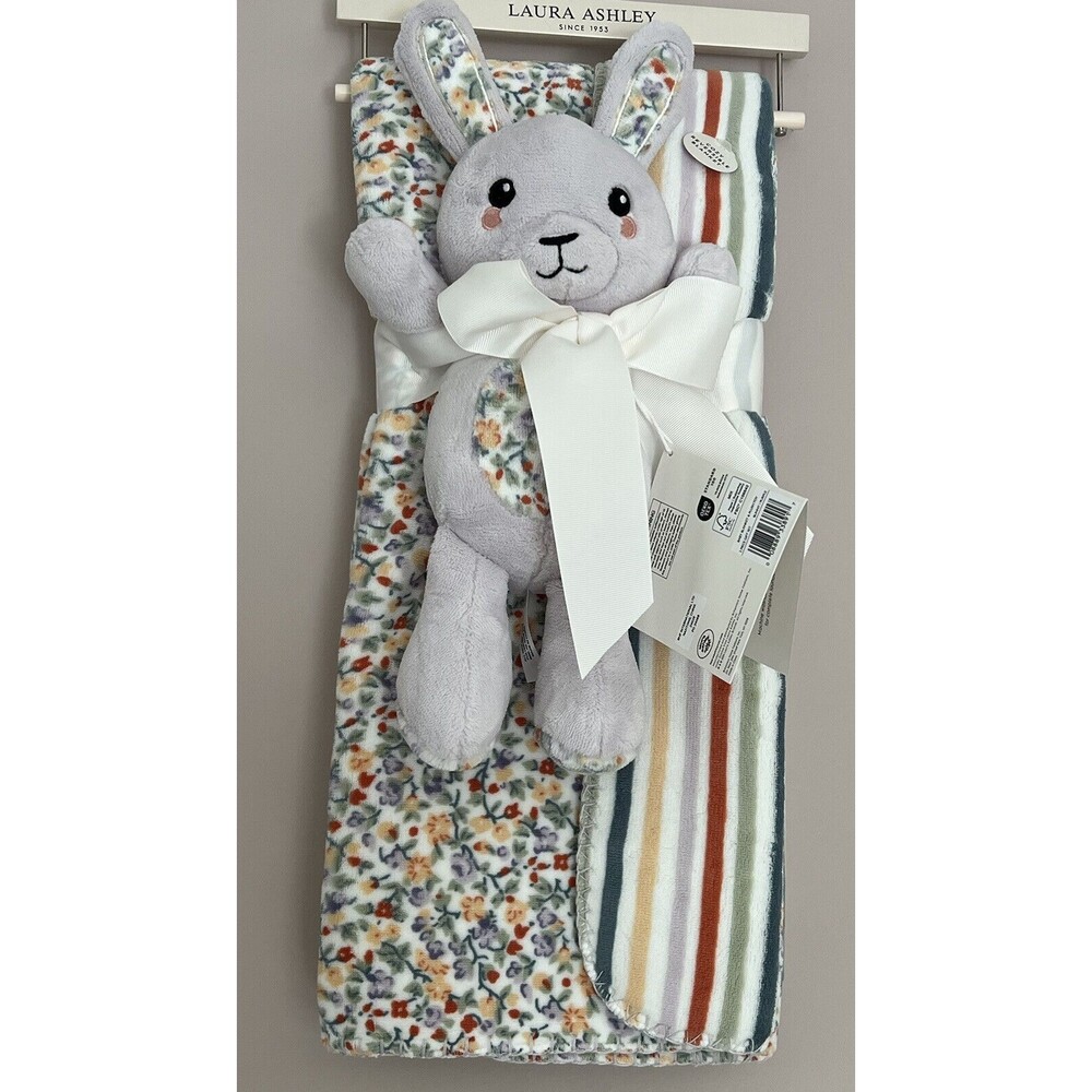 Laura Ashley Emogene Baby Blanket & Plush Toy Purple Bunny 2 PC Floral Stripes